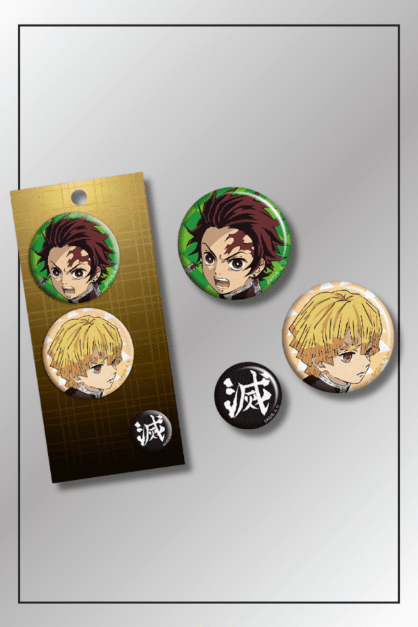 Demon Slayer badge pin set featuring Tanjiro Kamado, Zenitsu Agatsuma, and the kanji symbol from the anime series