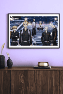 Framed Tokyo Revengers puzzle art on purple wall above wooden console