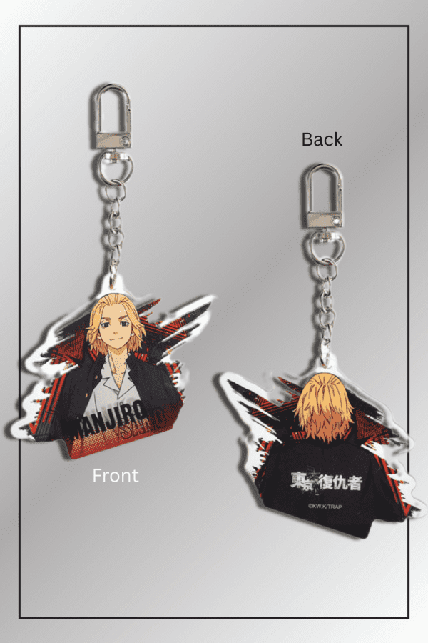 Front and back of Manjirou Sano keychain with Tokyo Manji Gang outfit