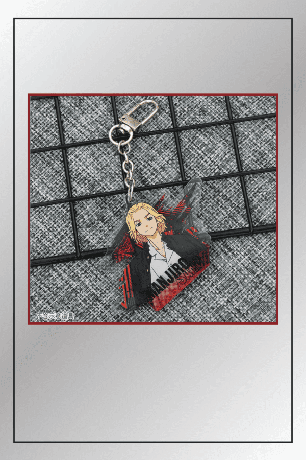Tokyo Revengers Manjirou Sano keychain placed on a grid-textured background