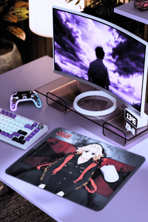 Mikey Tokyo Revengers mouse pad setup next to anime monitor