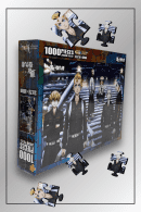 Side angle of Tokyo Revengers puzzle box with floating puzzle pieces