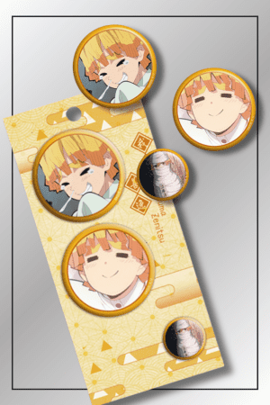 3-piece Zenitsu Agatsuma badge pin set from Demon Slayer with cute expressions and yellow display card