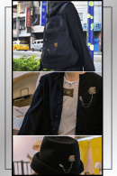 Anime brooch featuring Zenitsu Agatsuma styled on backpack, jacket, and hat from Demon Slayer