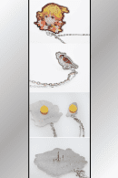 Back and front view of Zenitsu and Chuntaro enamel chain brooch pins from Demon Slayer anime