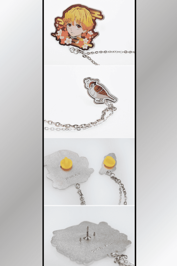 Back and front view of Zenitsu and Chuntaro enamel chain brooch pins from Demon Slayer anime