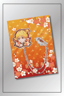 Zenitsu Agatsuma chain brooch with Chuntaro sparrow charm on orange sakura-themed card from Demon Slayer