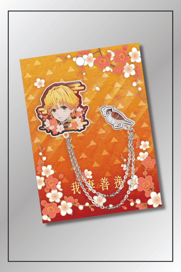Zenitsu Agatsuma chain brooch with Chuntaro sparrow charm on orange sakura-themed card from Demon Slayer