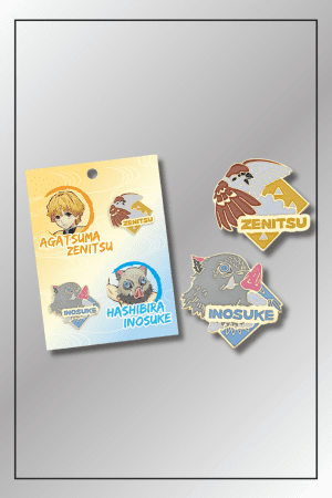 Demon Slayer enamel pin set featuring Agatsuma Zenitsu and Hashibira Inosuke with colourful backing card and loose pins