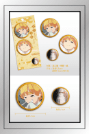 Demon Slayer 3-piece badge pin set featuring Zenitsu Agatsuma and Obanai Iguro with display card and size chart